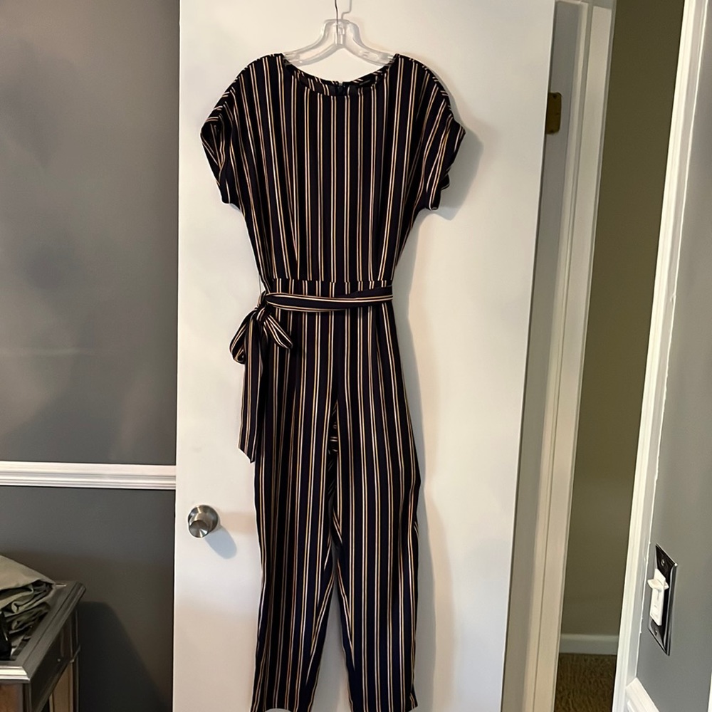 Halogen jumpsuit navy blue striped with pink and orange size 8